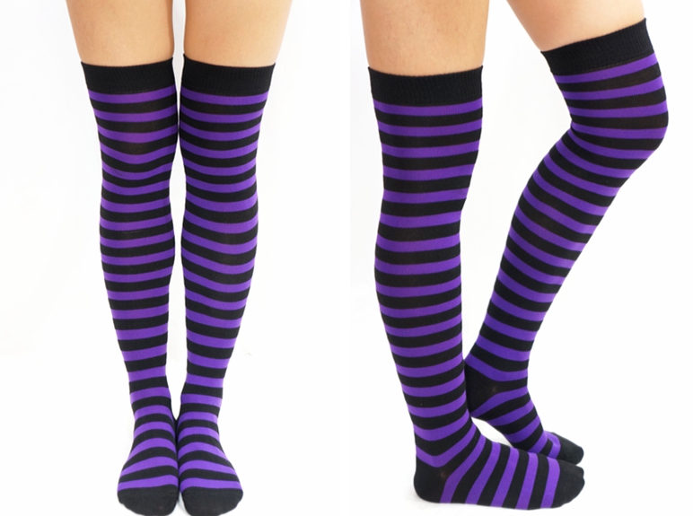 Purple black stripe over he knee socks